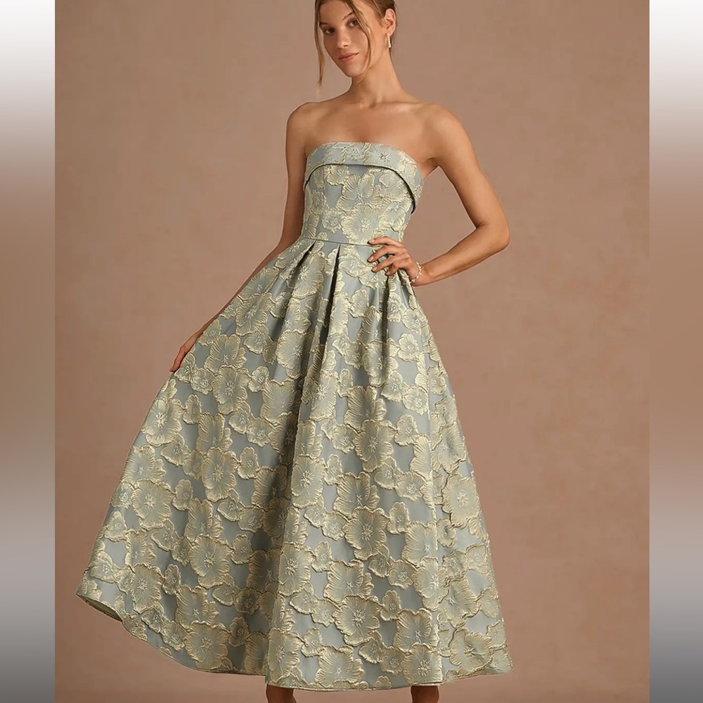 Strapless Floral Jacquard Ankle Dress in Blue and Gold